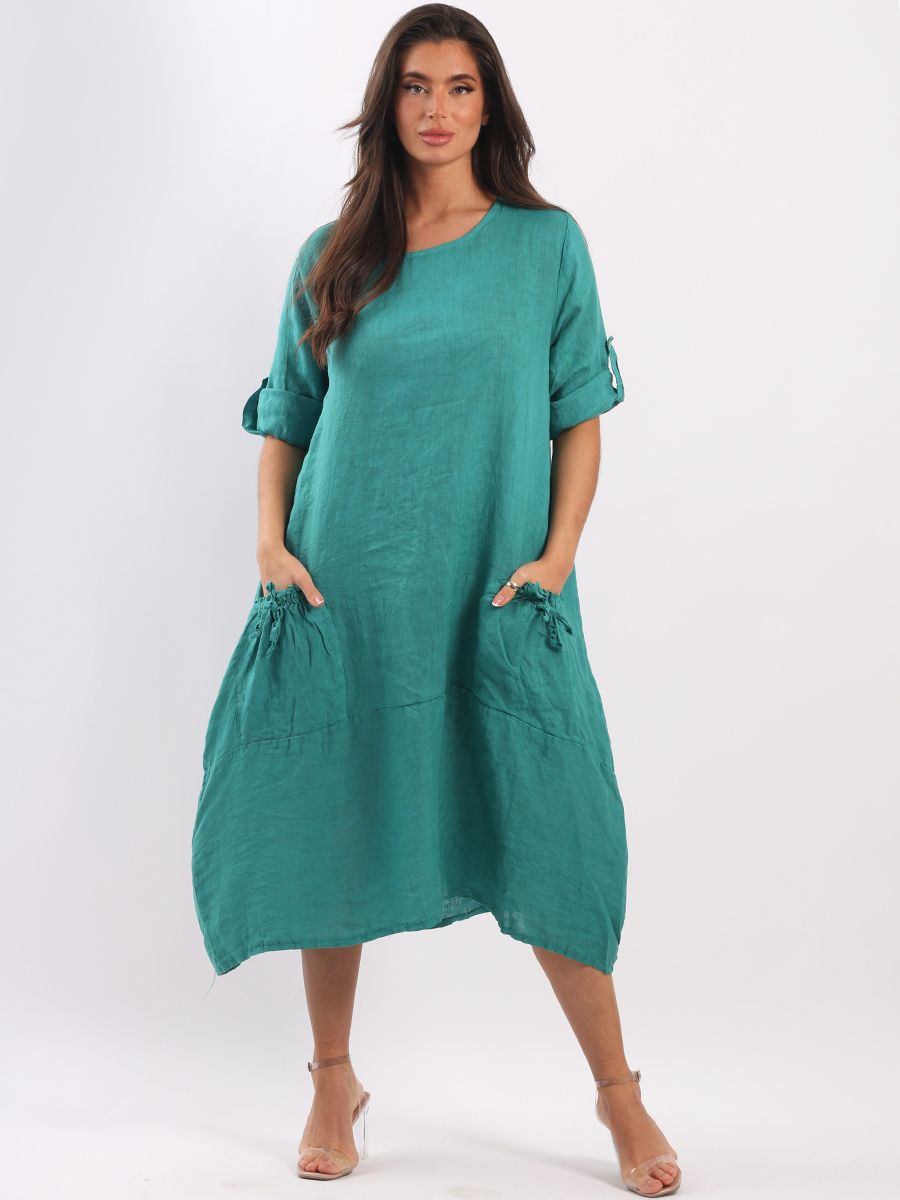 Plain Plus Size Ladies Linen Lagenlook Quirky Midi Dress