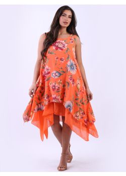 Sleeveless Floral Print Lagenlook Linen Slouchy Dress 