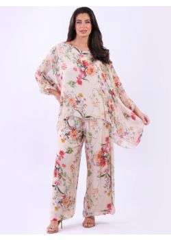 Floral Print Double Layer Batwing Silk Tunic Top 