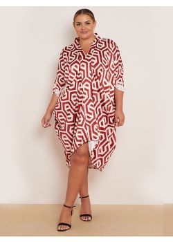 Italian Geometric Print V-Neck Ruched Sides Lagenlook Drape Midi Dress