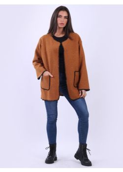 Contrast Edges Collarless Oversized Teddy Woolen Jacket