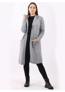 Ladies Plain Open Front Cable Knit Hooded Drape Cardigan