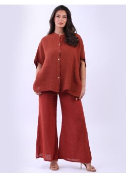 Ladies Front Button Solid Linen Batwing Top 