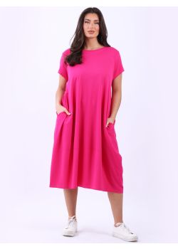Side Pockets Plain Cotton Lagenlook Midi Dress 