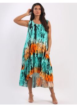 Ladies Digital Tie Dye Print Flared High Low Tank Dress