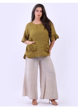 Frilled Sleeves Plain Baggy Linen Top
