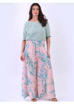 Ladies Tropical Print Wide Leg Relaxed Fit Linen Trouser 