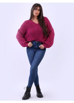 Women Oversized Fine Knit V-Neck Crop Woolen Jumper