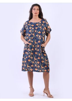 Front Pockets Digital Floral Print Linen Midi Dress 
