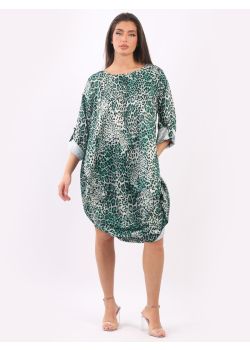 Women Leopard Print Long Sleeves Cocoon Midi Dress