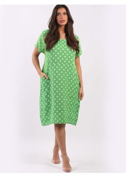 Ladies Polka Dot Print Linen Lagenlook Midi Dress