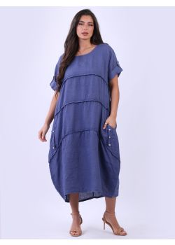 Tabbed Sleeves Pleated Solid Linen Lagenlook Dress 