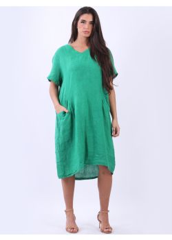 Ladies V-Neck Solid Linen Summer Midi Dress