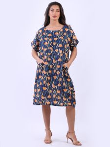 Made In Italy Digital Tulip Print Lagenlook Midi Linen Dress