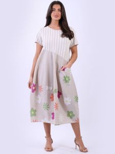 Stripy Floral Print Cotton Dress